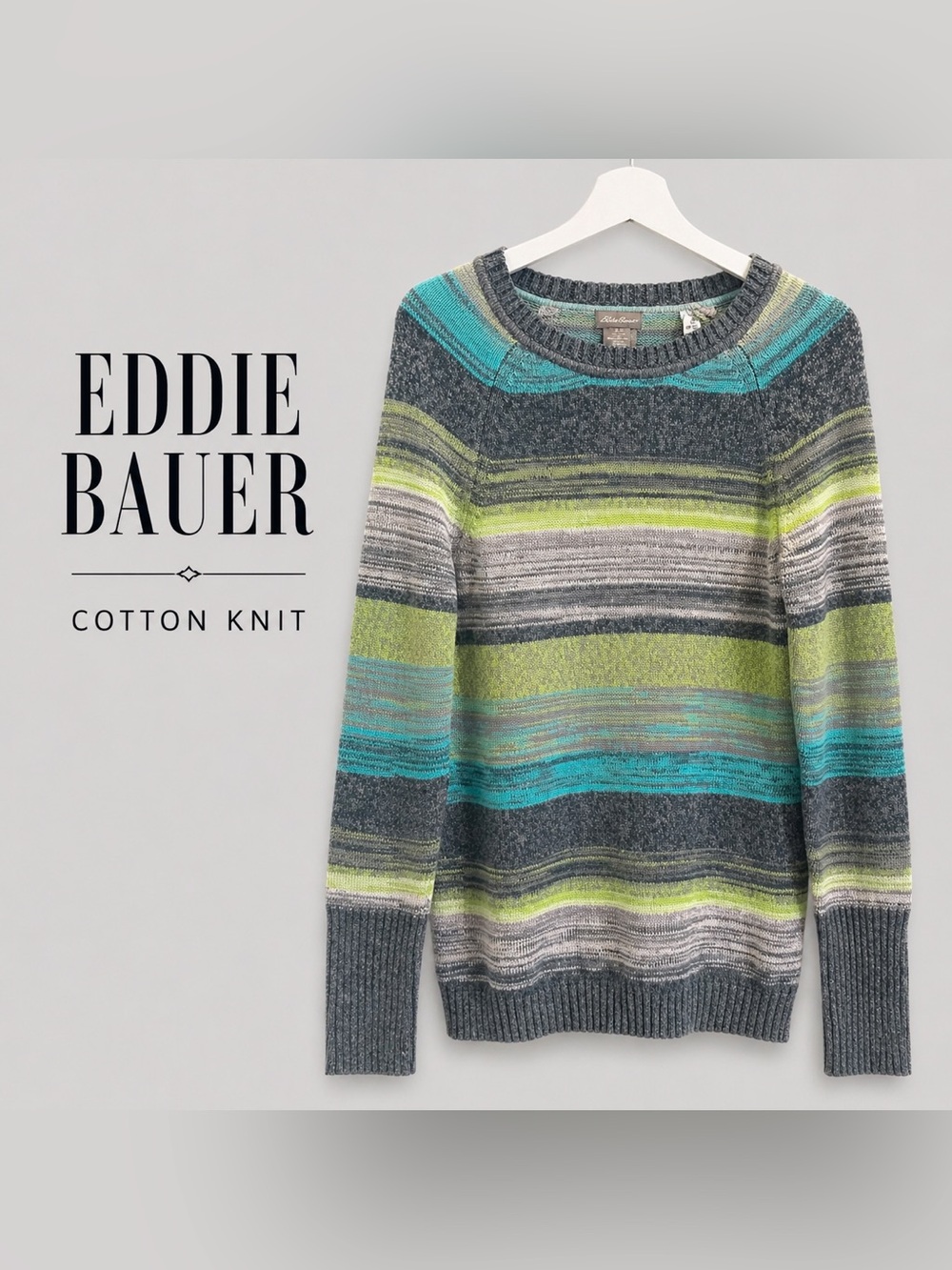 Eddie Bauer Multicolor Striped Crewneck Sweater - Teal, Lime & Gray 100% Cotton